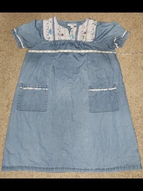 Women's Light Blue Denim Nightdress with Floral Yoke Lounger Nightgown